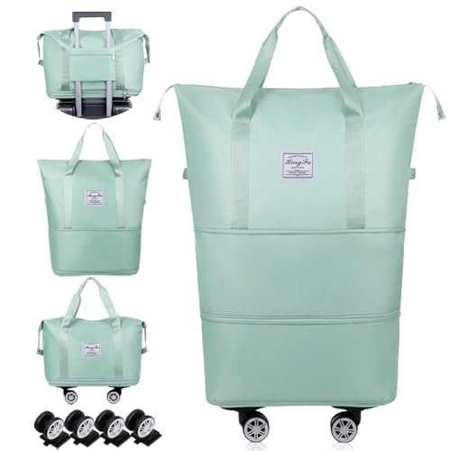 Cnwinu Expandable Travel Bags for Women Men,Large Waterproof Foldable Wheeled Bags,Hospital Overnight Weekend Holdall Duffle Bag with Removable Wheels,Luggage Cabin Bags for Gym,Camping(Light Green)