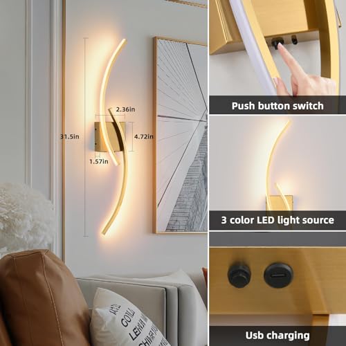 Image of Battery Operated Wall Sconce Set of two, 3000K-6000K LED Dimmable Battery Wall Sconces with Remote Control, USB Rechargeable 31.4 inch gold Wireless Wall Lights for Living Room, Bedroom, Staircases