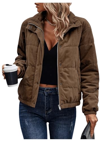 SOLY HUX Women's Corduroy Quilted Puffer Jacket Zip Up Long Sleeve Padded Bomber Barn Jackets Coat with Pockets Pure Brown Large