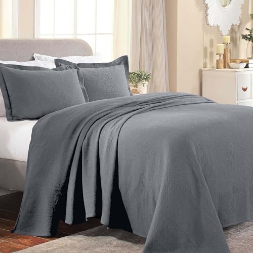 Superior Cotton Fleur De Lis Bedspread Set, Warm Blankets, All-Season Bedding, Bedroom Decor, Decorative Boho Medallion Coverlet, Includes 1 Bedspread, 1 Pillow Sham, Twin, Grey
