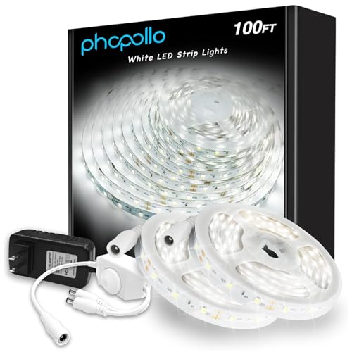 Image of phopollo White LED Strip Lights, 100ft (2 Rolls of 50ft) Dimmable 6500k Daylight White Led Light Strip, 1800 LEDs Flexible Led Lights for Bedroom, Mirror, Kitchen Decoration