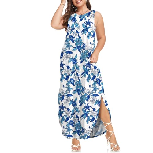 Image of Wolddress Womens 2026 Plus Size Sleeveless Tank Dress Casual Loose Sundress Split Summer Beach Long Maxi Dresses with Pockets