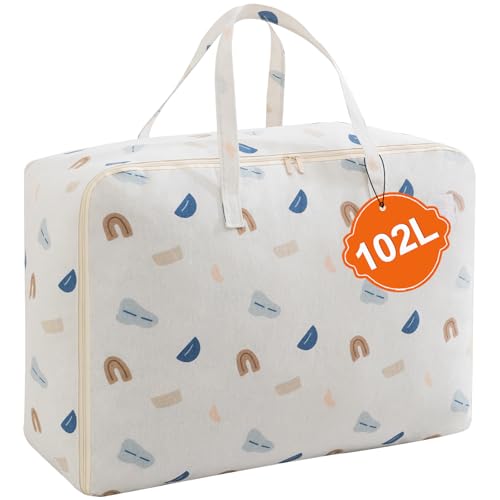 IHOMAGIC 102L Borsa Portaoggetti Grande, Borse Trasloco Pieghevole con Cerniera e Manico, Contenitori Sottoletto in Poliestere Cotone, Contenitori Vestiti Resistente per Piumone, Coperte,Grigio Chiaro