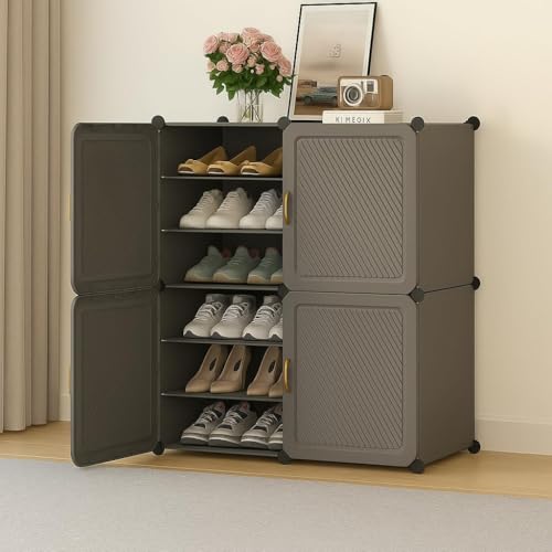Image of Sunderlook Shoe Rack Plastic for Home- Slipper Stand, Professional Shoe Stand, Chappal Stand, Multipurpose Foldable Standing Comfort Runner Shoe Rack with Door (Grey, 12 Shelf 4 Door)