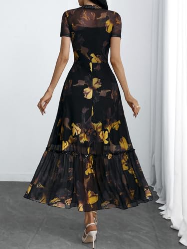 Image of GothDark Women's Summer Floral Mesh Ruffle Dress Short Sleeve Round Neck Waist Cinched Casual Maxi Wedding Guest Dresses