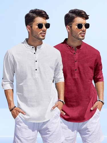 Image of Men's Cotton Blend Straight Kurta Shirt Combo with Mandarin Collar - Slim Fit Casual Short Kurti Set Featuring Textured Slub Fabric and Roll-Up Full Sleeves
