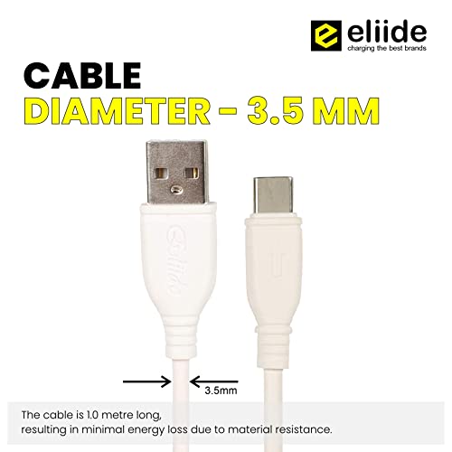 Image of Eliide 15W Type C USB Cable - 3.0 Amp Quick Charge QC 3.0, Adaptive Fast Charging, and Turbo Charging Compatible Fast Charging Cable, Strong and Durable 1.0 Meter PVC USB Cable for C Type Devices for Charging Adapter (DC 44C White)