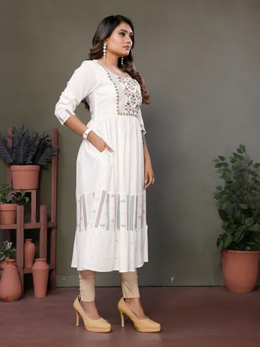 Image of rangita Women Rayon Regular Fit Calf Length Embroidered Tiered Flared Kurti | Kurta