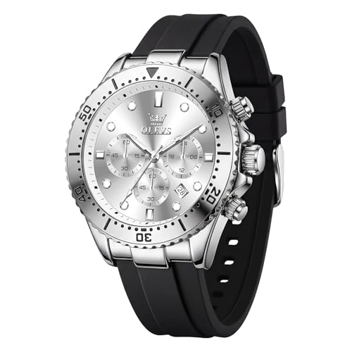 Image of OLEVS Men's Watches Sport Chronograph Analog Quartz Watch for Men with Date Waterproof Dress Casual Fashion Watch Soft Silicone Rubber Strap Band, Unidirectional Bezel & 42mm Big Face