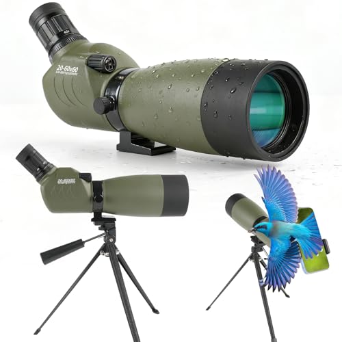 20-60x60 Spotting Scope, IPX7 Floating Waterproof Spotting Scopes for Target Shooting with Tripod BAK4 Prism & FMC Lens, Spotter Scope for Birding Wildlife Viewing, Phone Adapter Carrying Bag, Green
