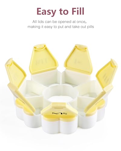 Image of MOLN HYMY Large Weekly Pill Box 7 Day, Pill Case Organizer, Flower Pill Container Once Daily, Round Medicine Dispenser for Vitamin /Fish Oil /Medication /Supplement (Yellow)