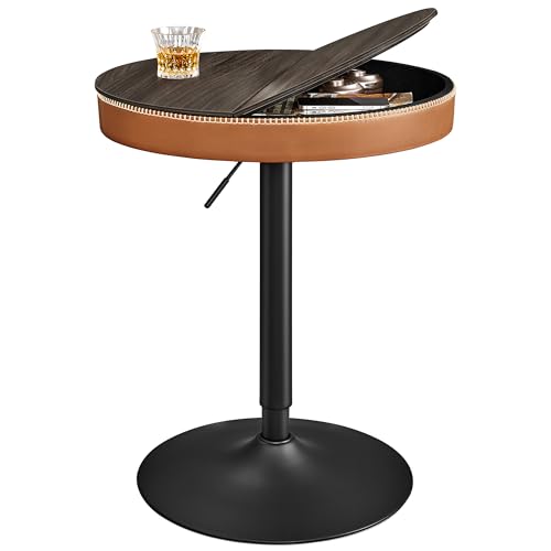 VASAGLE EKHO Collection - Height Adjustable Bar Table, Small Table with Storage, Synthetic Leather with Stitching, Mid-Century Modern, Kitchen Home Bar, Living Room, Ash Brown and Caramel Brown