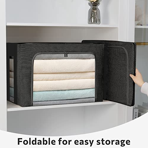 2 Pack Clothes Storage Bins- Foldable Metal Frame Storage Box Linen Fabric Organizer Set with Carrying Handles and Clear Windo-22L (Black, 15.7x 11.8x 7.8Inch) - Thumbnail 2