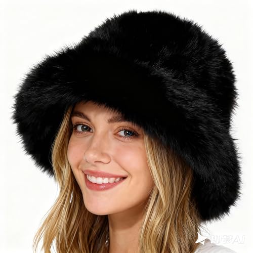 KAZZHA Faux Fur Bucket Hat for Women Girls Oversize Fuzzy