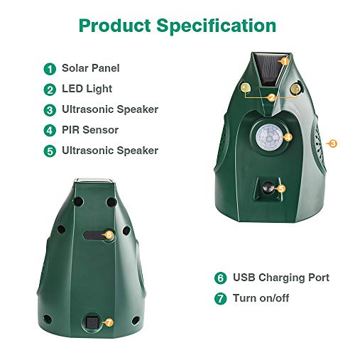 HC Ultrasonic Animal Repellent, Solar Powered Repeller, Outdoor Animal Chase with Ultrasonic Sound, Motion Sensor Detector& Flashing Light, Waterproof Pets Deterrent Repels Dog, Cat, Fox