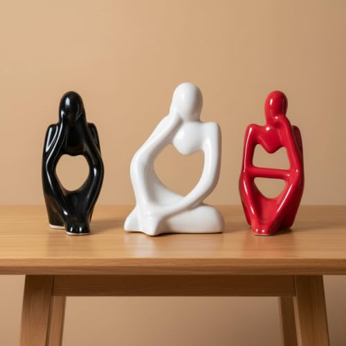 Image of Ceramic Thinker Statue Set of 3 (5 inch Inch) | Abstract Modern Human Figurines | Showpieces for Home Decor, Living Room, Office Desk & Bookshelf | Housewarming Gift, White, Black, Red