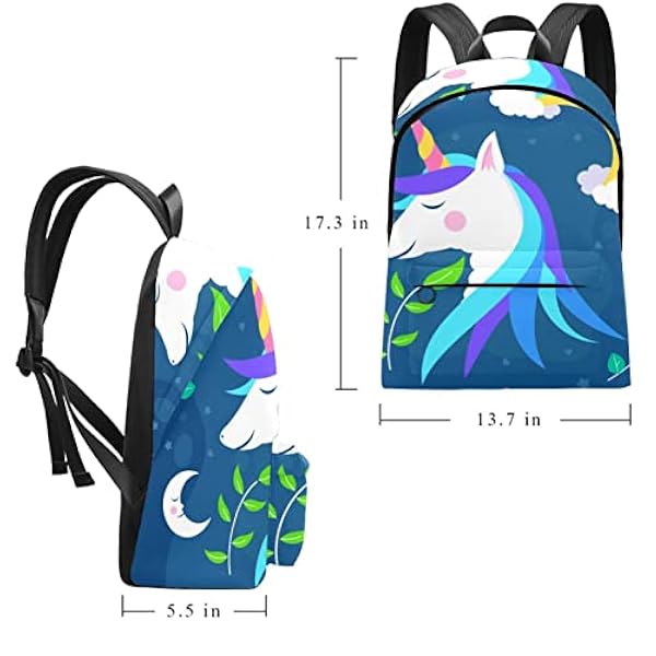 Eenhoorn buste omringd door bloemen maan sterren grote canvas rugzak college school mannen en vrouwen, Multicolor