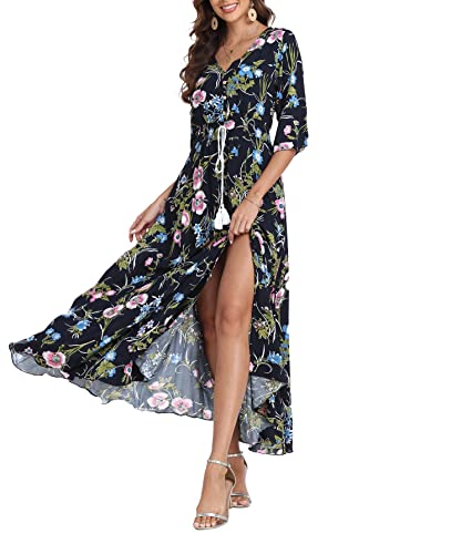 Teemie Damen Kleid Kurzarm Maxikleid Sommerkleid Boho Lang Kleider V Ausschnitt Strandkleid Sommer Casual Hübsche Blumenkleid Beachkleid Flowy Split...