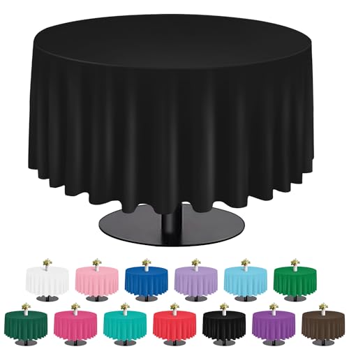 Image of tujol Black 6 Pack Plastic Table Cloth 84 inch, Disposable Round Tablecloth Table Cover, Plastic Tablecloths for Parties