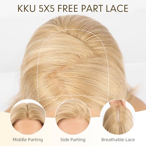 Image of KKU 5x5 Lace Front Human Hair Wig,Real Hair Wigs for Women,Glueless,Non-Slip Silicone Pads and Skin-Friendly Cap(16 Inch, Golden Blonde)