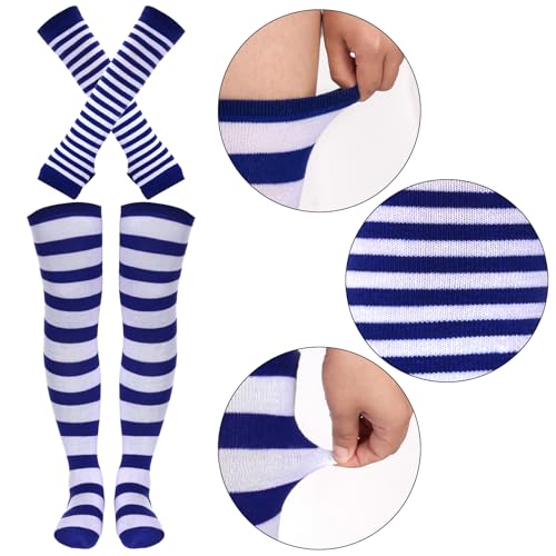 Image of Tongcloud Women's Striped Knee High Socks, Over Knee Thigh High Socks, Arm Warmer and Fingerless Gloves Set