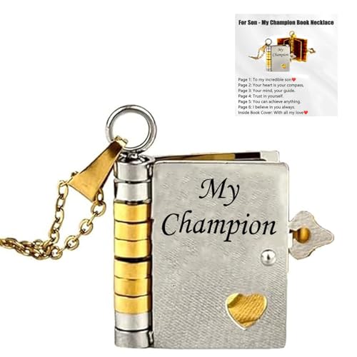 For Son - My Champion Book Necklace, My Beloved Son Chapter Book Necklace from Mom Dad Openable Multi Layer Books Jewelry with 6 Pages of Engraved Information Stainless Steel Sons Inspirational Birthday Jewelry Gifts(Sons Gold+Silver)