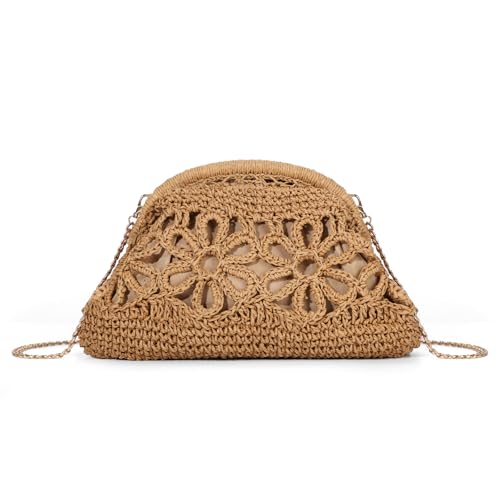 Imagen de Freiesoldaten Bolso de Mano de Paja para Mujer Bolso Tipo dumpling Tejido Estampado Floral Bolso de Hombro de Verano para Fiestas en la Playa