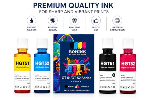 Image of ROHINK GT51 GT52 Ink Refill Dye Ink Compatible with HP Ink Tank 115, 310, 315, 319, 410, 415, 416, 419, 455, 500, 515, 530, 615, GT 5810, GT 5811, GT 5820 (70ml X 4color Set)