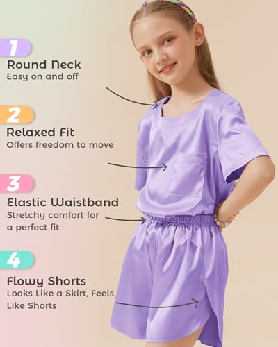 Petite&Me Silk Girls Pajamas Soft T-Shirt Flowy Shorts Flora Party Sleepwear Set for Kids/Teens3