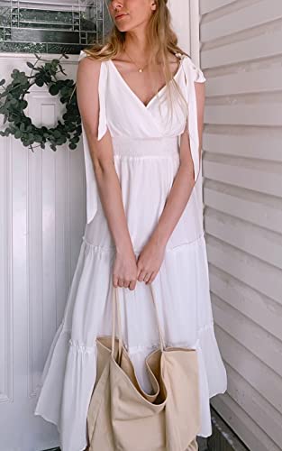 Image of PRETTYGARDEN Women's Cross Neck Summer Sleeveless Tiered Maxi Dress Beach Tie Strap Smocked Long Dresses Pleated Sundress