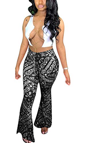 Aro Lora Womens High Waist Totems Floral Print Casual Club Boho Flare Bell Bottom Pants Small Black