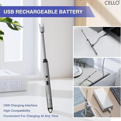 Image of Cello Rechargeable Electric Gas Lighter for Cooking Gas Stove, Kitchen, Pooja Candles & Diyas | USB Charging, Windproof, 360 Flexible Lighter - (Silver)