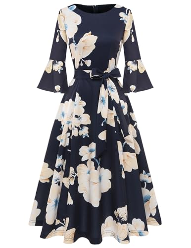 Image of HomRain Women's Church Dresses Modest Bell Sleeve Wedding Guest Cocktail Tea Party Vintage Evening Dress