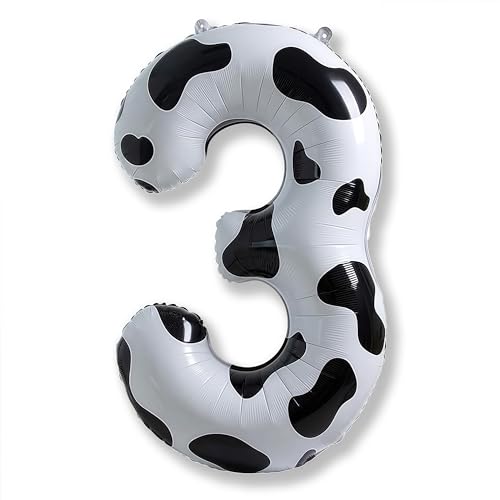 Large Number Balloons 40 Inch, Cow Print Self Inflating 3 Balloons for Boys Girls Cowboy Cowgirl Theme Party Decor Baby Shower 3rd Birthday Party Decoration Farm Animal Theme Party Supplies