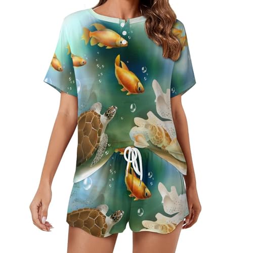 Vêtements de nuit été femme pyjama manches courtes tortue poisson rouge