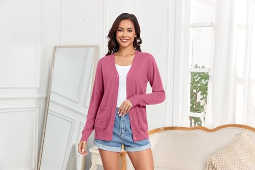 Image of Women's Lightweight Button Down Cardigan Sweaters Long Sleeve Classic V Neck Knit Soft Shrugs with Pocket