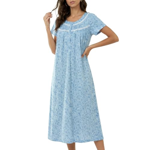 IZZY + TOBY Victorian Nightgown for Women 100% Breathable Cotton Sleepwear Vintage Floral Nightdress with Lace Trim Soft Short-Sleeved Loungedress for Ladies Size XXL