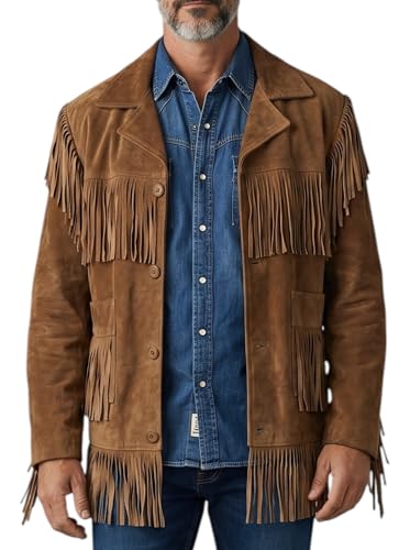 Image of Men's Suede Fringe Jacket Western Cowboy Style Genuine Leather Coat with Button Closure, Black Brown Cognac
