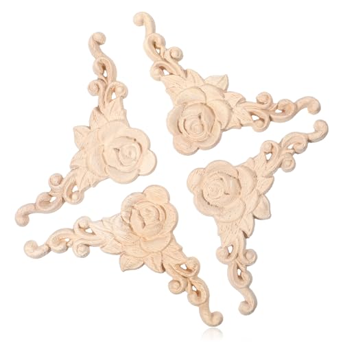 4PCS Wood Appliques for Furniture, Decorative Wood Trim Handmade Carved Unpainted Corner Decoration Woodn Trim for Home Wall Door Bed Cabinet Cupboard Funiture Door Cabinet