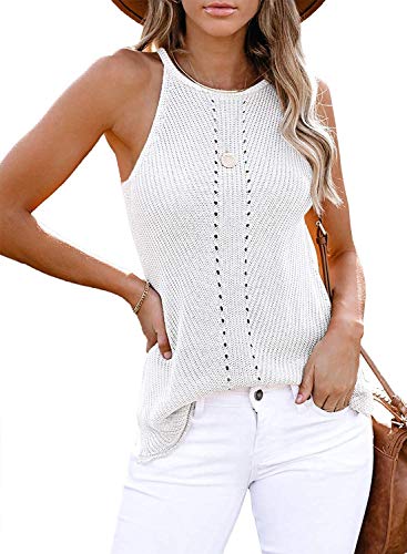 Uusollecy Tank Top Damen Sommer Neckholder Ärmellose Stricktop, Racerback Rundhals Basic Stricken Sommertop Oberteile, Weiß S