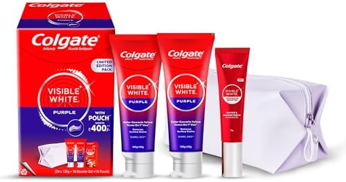 Colgate Visible White Purple Toothpaste for Teeth Whitening 240g and Visible White Whitening Booster Gel 13g with Pouch