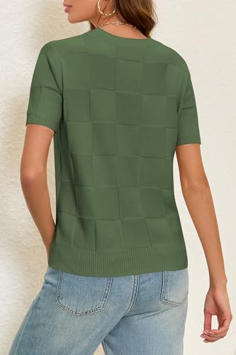 Image of Cakulo Women's Short Sleeve Summer Sweater Knit Tops | Checkered Pattern, Crew Neck, Lightweight Knit, Pullover Sweaters, Business Casual Work Tops Basic Clothes