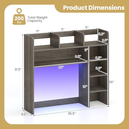 Image of Tangkula Desktop Bookshelf with LED Lights, Desk Hutch with 8 Shelves for Max 25 inch Monitor, Desktop 5-Tier Display Rack, Multipurpose Wood Desktop Storage Hutch Organizer for Dorm Office Home (Grey)