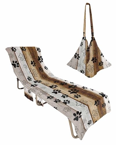 Farmhouse Paw Print Beach Chair Cover with Side Pockets, Microfiber & Quick Dry Pool Chaise Lounge Chair Towels Covers for Sun Sunbathing Patio Garden Hotel, Gradient Wooden Brown