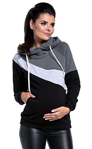 HAPPY MAMA. Mujer Sudadera Capucha Panel Lactancia Bloque de Color Premamá. 321p (Grafito Mezcla & Mezcla Gris Claro & Negro, 44, 2XL)