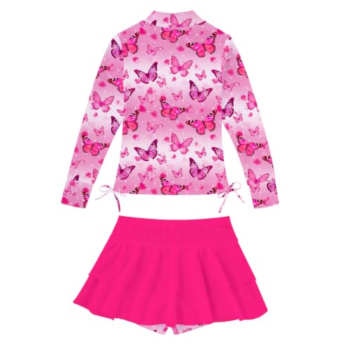 Image of Vogseek 3-12T Girls Swimsuit Long Sleeve Rashguard Bathing Suits Swim Set | Quick Dry, UPF 50+ Sun Protection, Swimming Skirt, Boyshorts, Zipper Two Piece Long Sleeve Swimsuits, Adjustable Drawstring