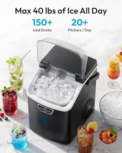 Image of EUHOMY Nugget Ice Maker Countertop with Handle, Ready in 4 Mins, Max 40lbs /24H, Chewable Ice, Self-Cleaning, Portable Sonic Ice Maker with Basket and Scoop, for Home /Party /RV /Camping (Black)