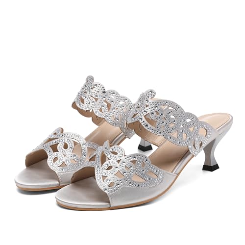 Womens Sparkly Kitten Heel Sandals,Ladies Summer Rhinestones Glitter Wedding Evening Slides Double Strap Dressy Casual Bling Low Heel Slip on Party Trendy Fancy Memory Foam Comfortable Shoe2