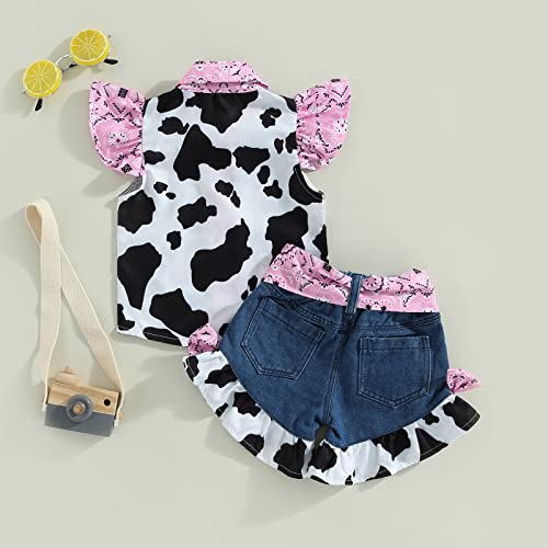 Western Kid Girls Denim Shorts Outfits 1-6T Toddler Baby Ruffle Cow Print Shirt Button Down Tops Belted Jeans Shorts4