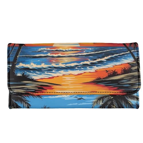 Image of AFPANQZ Leather Wallets for Women Clutch Card Slots Phone Holder Trifold Purses Card, Seaside Palm Large Capacity Card Key Cash Storage Bags Zipper Handbag